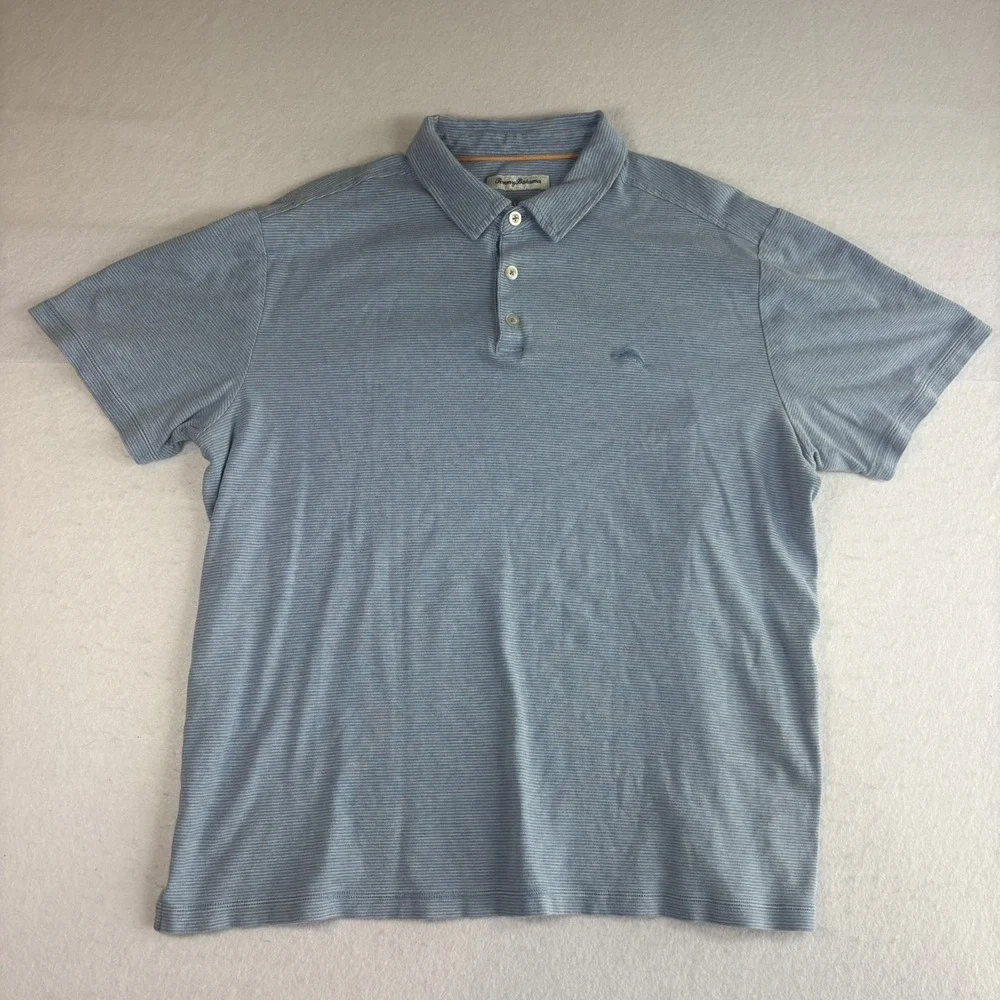Tommy Bahama Polo Shirt Mens Large Golf Casual Cotton Blue Striped Short Sleeve